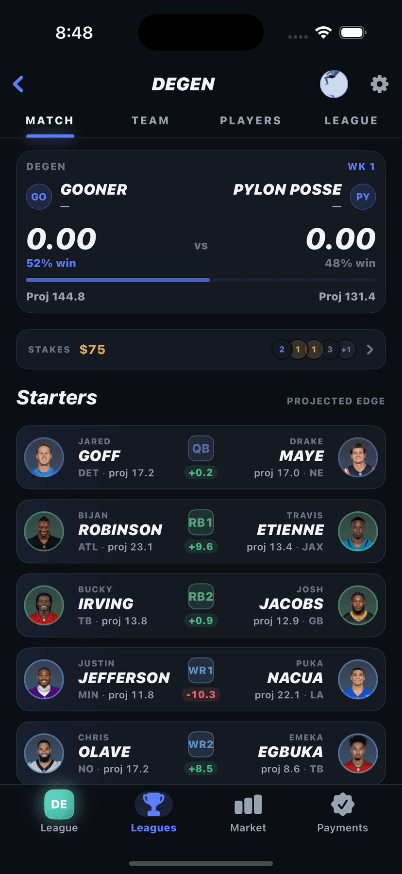 DEGEN live matchup: win probability, weekly stakes, projected edge